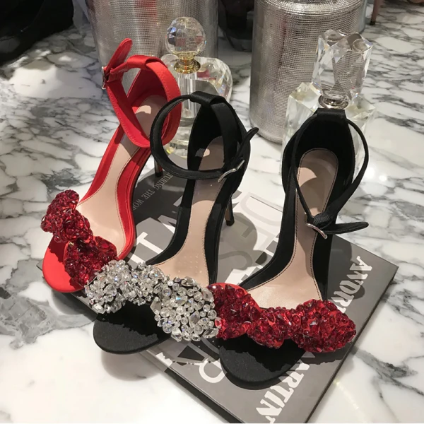 Sexy Silver Evening Party Rhinestone Womens Sandals 2021 Leather Ankle Strap 9 cm Stiletto Heels Open / Peep Toe Sandals High Heels