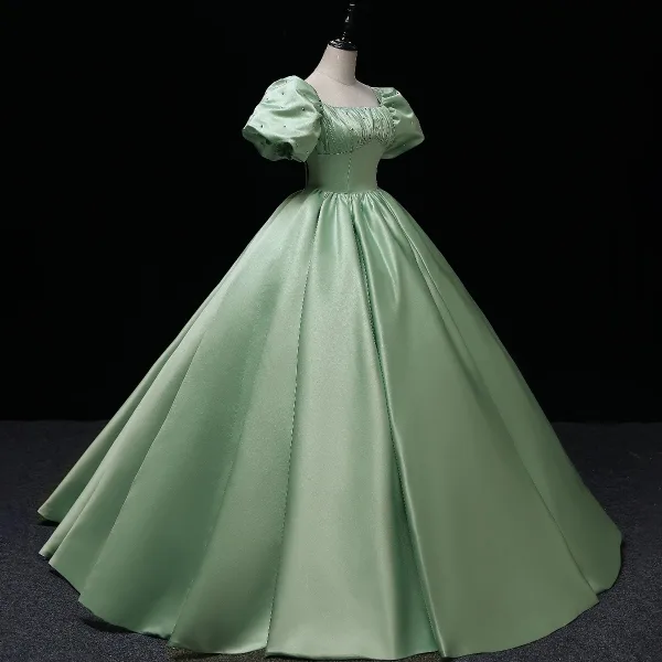 Elegant Sage Green Satin Prom Dresses 2022 Square Neckline Puffy Short Sleeve Bow Backless Floor-Length / Long Formal Dresses Prom