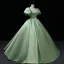 Elegant Sage Green Satin Prom Dresses 2022 Square Neckline Puffy Short Sleeve Bow Backless Floor-Length / Long Formal Dresses Prom