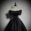 Elegant Black Pearl Rhinestone Satin Prom Dresses 2023 Ball Gown Square Neckline Puffy Short Sleeve Backless Floor-Length / Long Prom Formal Dresses