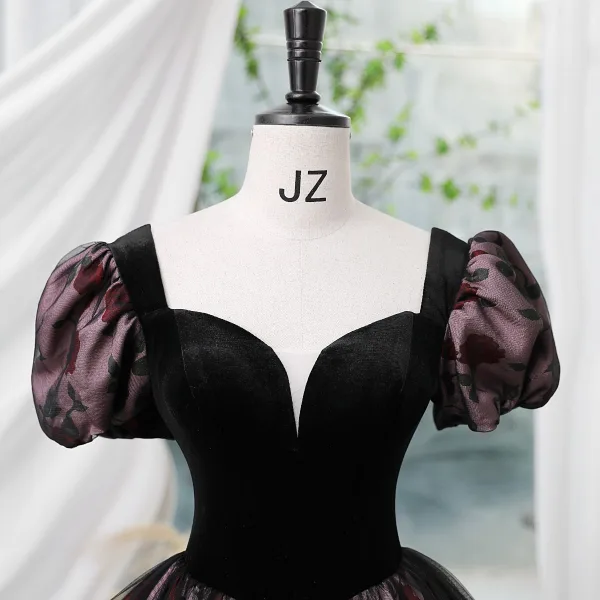 Vintage / Retro Rose Black Prom Dresses 2023 Ball Gown Square Neckline Short Sleeve Backless Floor-Length / Long Prom Formal Dresses