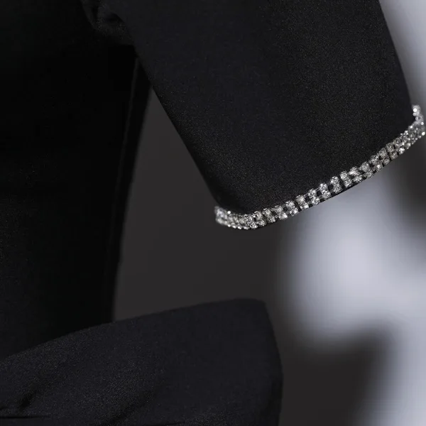 Elegant Black Rhinestone Bow Prom Dresses 2023 Zipper Up A-Line / Princess V-Neck Short Sleeve Floor-Length / Long Prom Formal Dresses