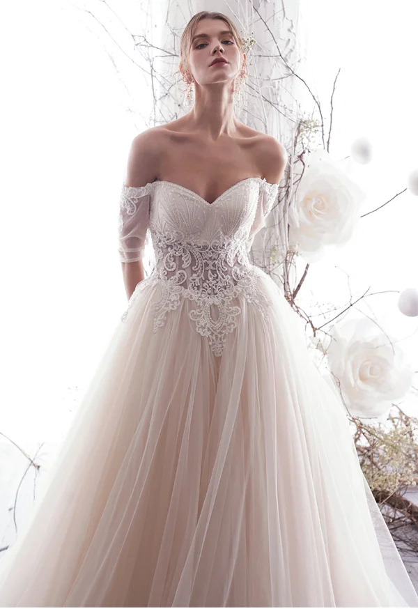 Charming Champagne Wedding Dresses 2019 A-Line / Princess Off-The-Shoulder Beading Lace Flower Short Sleeve Backless Floor-Length / Long