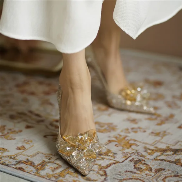 Charming Champagne Crystal Wedding Shoes 2020 Leather Rhinestone 8 cm Stiletto Heels Pointed Toe Wedding Pumps