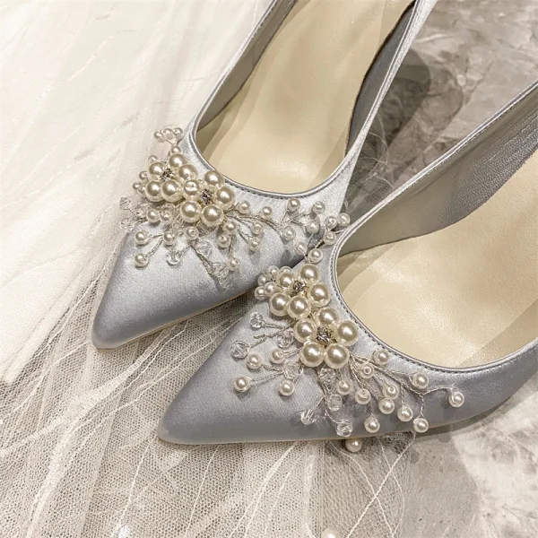 Élégant Gris Promo Satin Escarpins 2020 Perle 10 cm Talons Aiguilles À Bout Pointu Escarpins