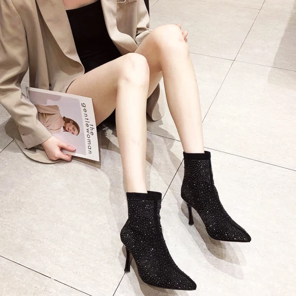 Fashion Black Street Wear Rhinestone Womens Boots 2020 8 cm Stiletto Heels Pointed Toe Boots