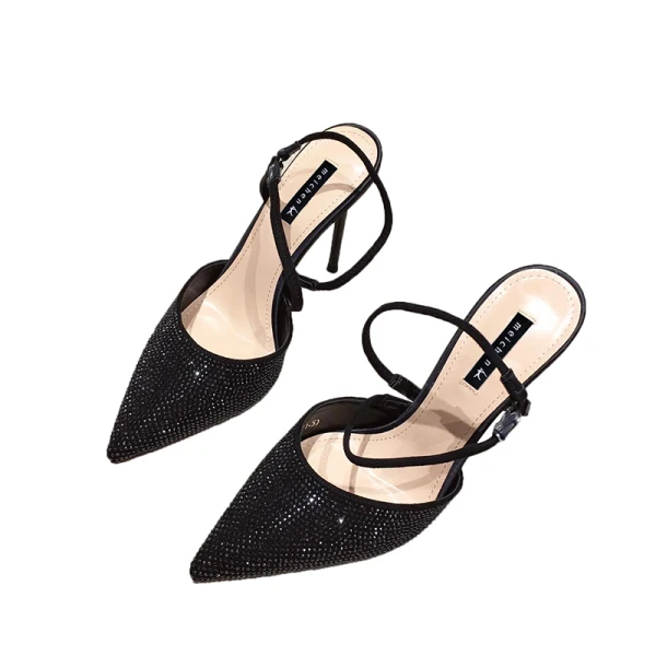 Sexy Black Evening Party Rhinestone Slingbacks Womens Sandals 2020 8 cm Stiletto Heels Pointed Toe Sandals