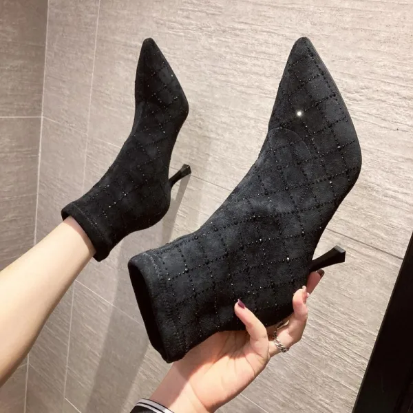 Fashion Black Street Wear Rhinestone Womens Boots 2020 Ankle 6 cm Stiletto Heels Pointed Toe Boots