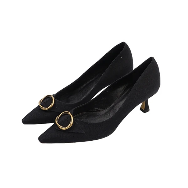 Vintage Toevallig Zwarte Leer Pumps 2021 5 cm Naaldhakken / Stiletto Spitse Neus Pumps