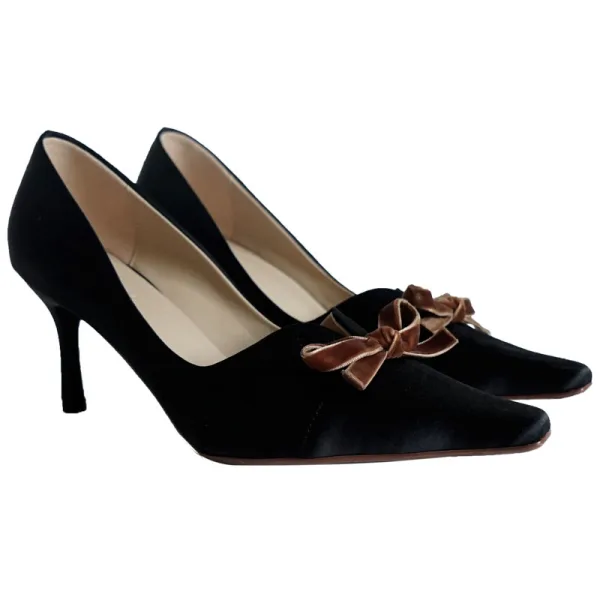 Vintage / Retro Black Prom Suede Pumps 2021 Bow Leather 7 cm Stiletto Heels Pointed Toe Pumps