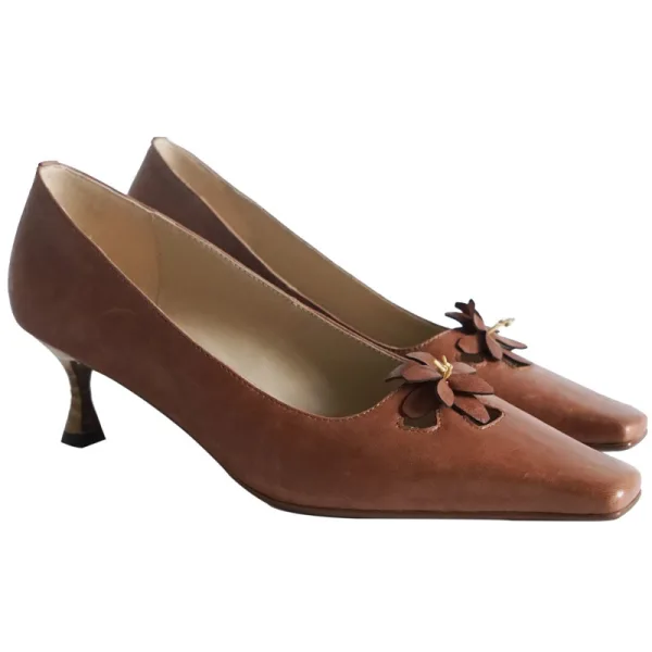 Vintage Bruin Toevallig Bloem Pumps 2021 Leer 5 cm Naaldhakken / Stiletto Vierkante Teen Pumps