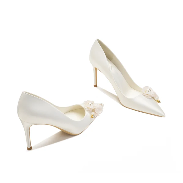 Elegant Satin Ivory Pearl Rhinestone Wedding Shoes 2021 8 cm Stiletto Heels Pointed Toe Wedding Pumps