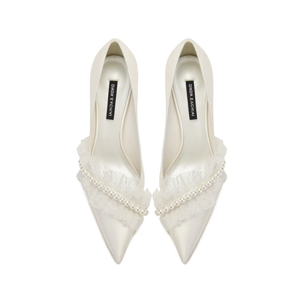 Chic / Beautiful Ivory Satin Pearl Wedding Shoes 2021 6 cm Stiletto Heels Pointed Toe Wedding Pumps