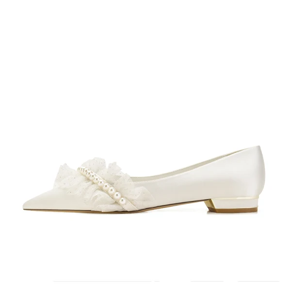 Stilig Elfenben Perle Satin Flate Brudesko 2021 Spisse Bryllup Pumps