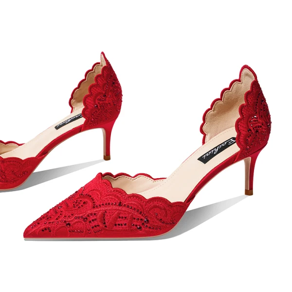 Chinese style Red Satin Rhinestone Wedding Shoes 2021 8 cm Stiletto Heels Pointed Toe Wedding Heels