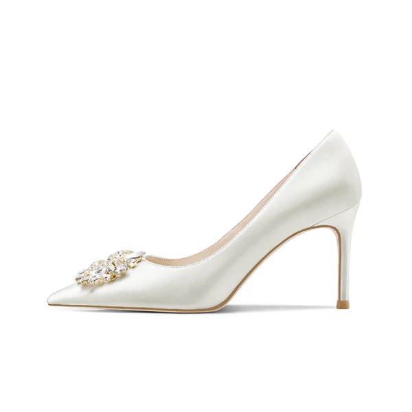 Edles Satin Ivory / Creme Strass Brautschuhe 2021 8 cm Stilettos Spitzschuh Hochzeit Pumps