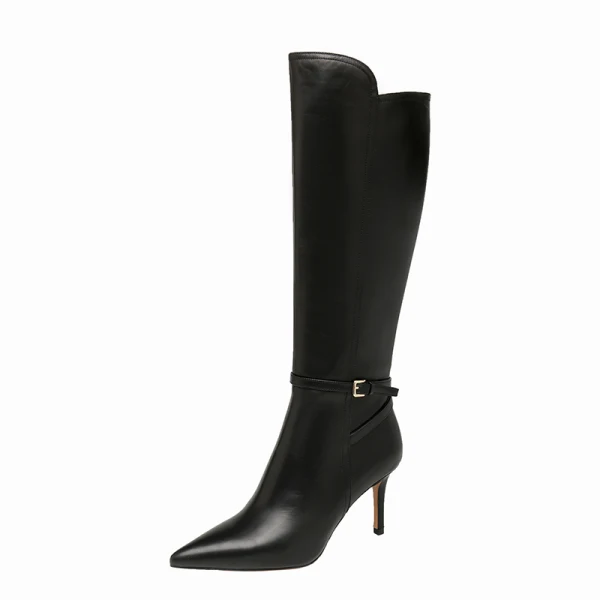 Klassieke Winter Zwarte Straatkleding Mid Kalf Sandalen Dames 2021 Leer 8 cm Naaldhakken / Stiletto Spitse Neus Laarzen