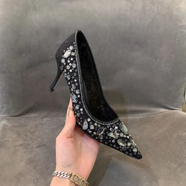 Sparkly Charming White Lace Rhinestone Wedding Shoes 2021 Tulle 7 cm Stiletto Heels Pointed Toe Wedding Pumps