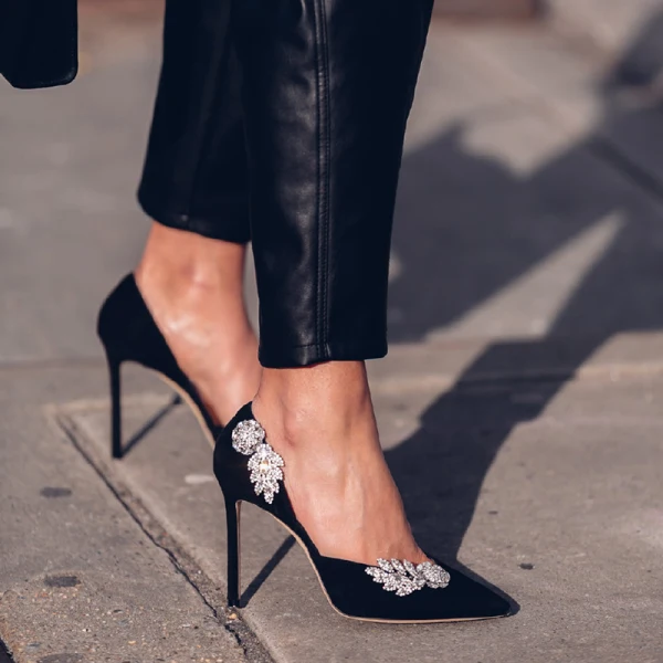 Sexy Black Evening Party Rhinestone Open Side Womens Shoes 2021 Leather 8 cm Stiletto Heels Pointed Toe Heels