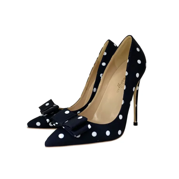 Härlig Svarta Tidsbeställning Prickig Pumps 2021 Satin Rosett 12 cm Stilettklackar Spetsiga Pumps
