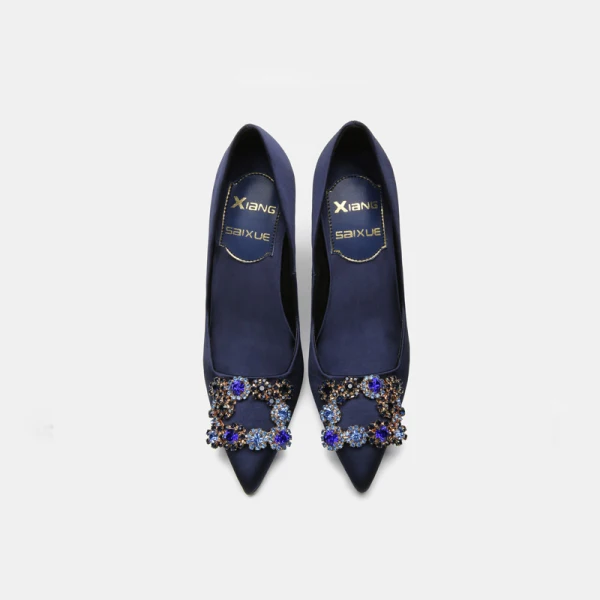 Klassisk Mörk Marinblå Afton Rhinestone Pumps 2021 Läder 10 cm Stilettklackar Spetsiga Pumps