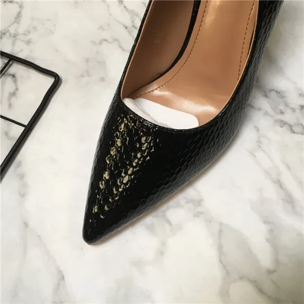 Schöne Schwarz Strassenmode Schlangenhautmuster Pumps 2021 10 cm Stilettos Spitzschuh Pumps