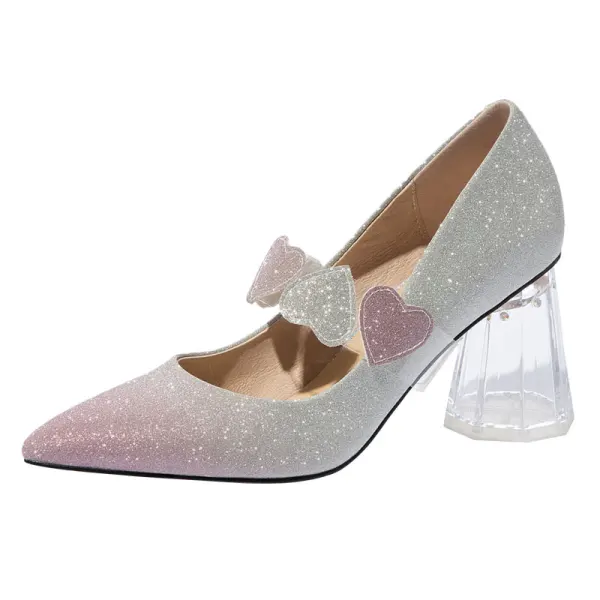 Schön Rosa Farbverlauf Kristall Brautschuhe 2021 Leder Herzförmig Pailletten 7 cm Thick Heels Spitzschuh Hochzeit Pumps