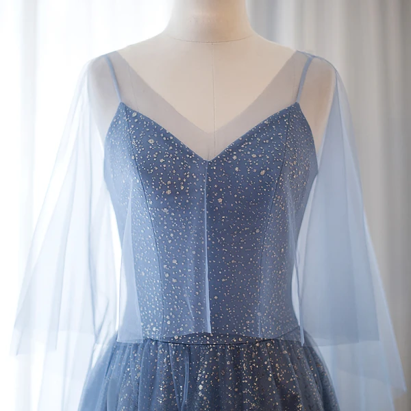 Modern / Fashion Ocean Blue Evening Dresses 2018 A-Line / Princess Glitter Spaghetti Straps Backless Sleeveless Floor-Length / Long Formal Dresses