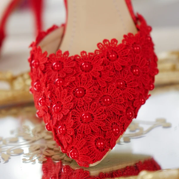 Chinese style Red Lace Flower Pearl Wedding Shoes 2021 Ankle Strap 9 cm Stiletto Heels Pointed Toe Wedding Sandals