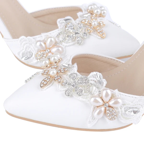 Charmant Schöne Ivory / Creme Perle Strass Brautschuhe 2021 Knöchelriemen 8 cm Stilettos Spitzschuh Hochzeit High Heels