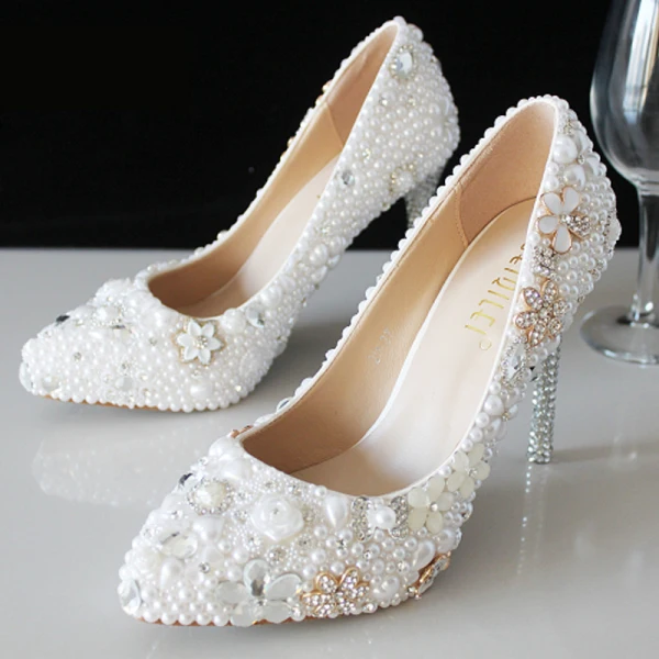 Fabuleux Ivoire Cristal Chaussure De Mariée 2021 Perle Faux Diamant 10 cm Talons Aiguilles Talons Hauts À Bout Pointu Mariage Escarpins