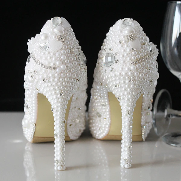 Sjarmerende Elfenben Perle Rhinestone Brudesko 2021 10 cm Stiletthæler Spisse Bryllup Pumps