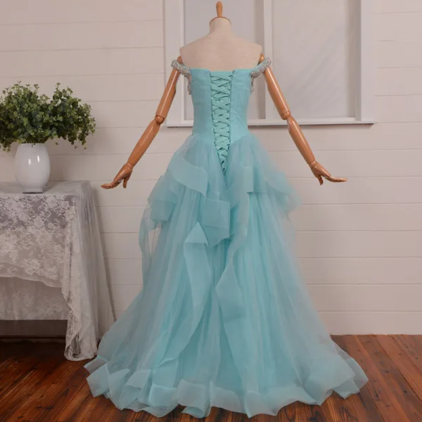 Chic / Beautiful Sky Blue Prom Dresses 2018 A-Line / Princess Rhinestone Sequins Cascading Ruffles Off-The-Shoulder Backless Sleeveless Floor-Length / Long Formal Dresses