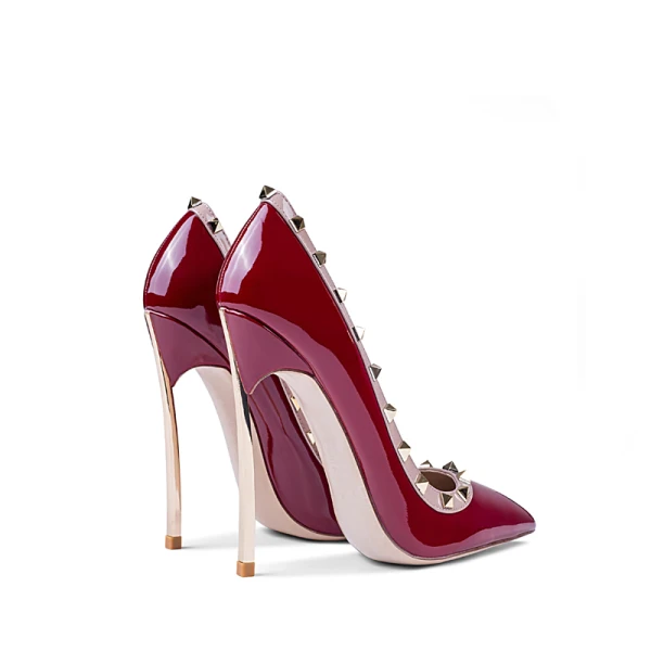 Fashion Burgundy Evening Party Rivet Pumps 2021 Patent Leather 10 cm Stiletto Heels High Heels Pointed Toe Pumps