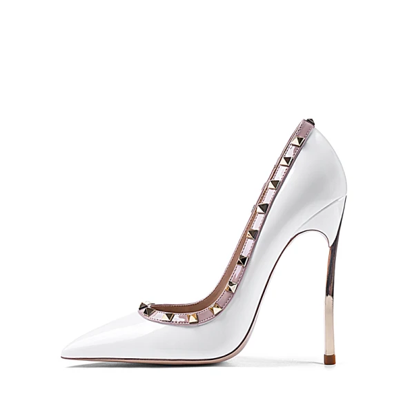 Fashion White Evening Party Rivet Pumps 2021 Patent Leather 10 cm Stiletto Heels High Heels Pointed Toe Pumps