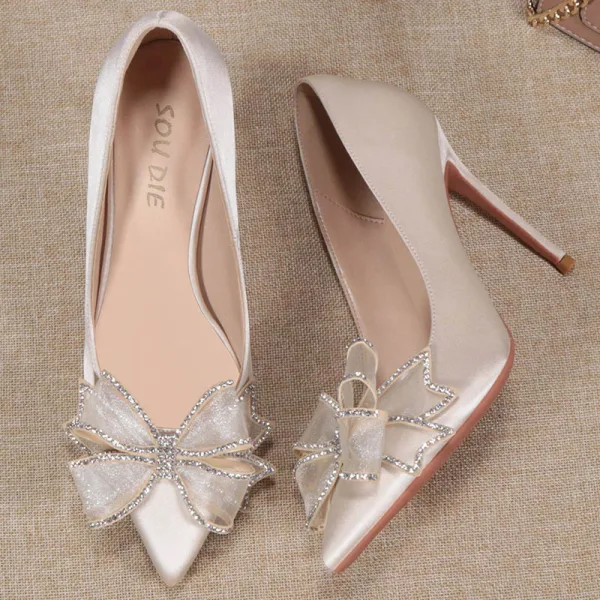 Élégant Champagne Satin Soirée Noeud Faux Diamant Escarpins 2021 10 cm Talons Aiguilles Talons Hauts À Bout Pointu Escarpins