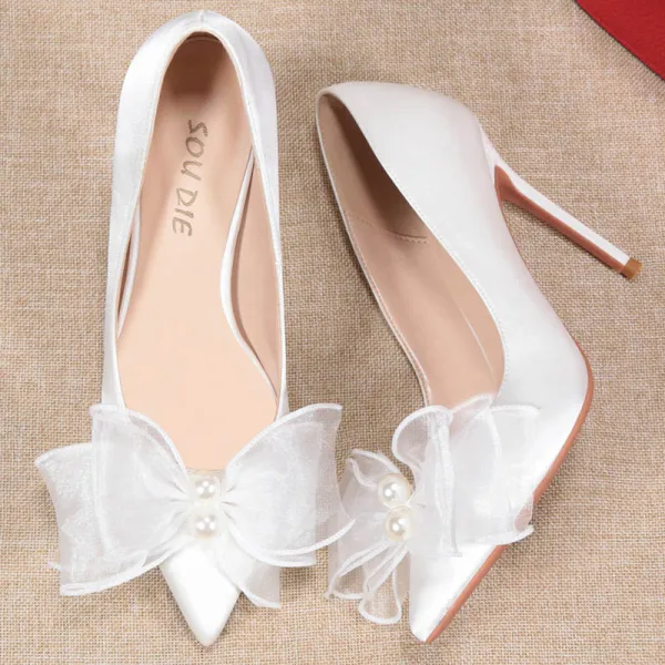 Elegant White Evening Party Satin Pearl Bow Pumps 2021 10 cm Stiletto Heels High Heels Pointed Toe Pumps