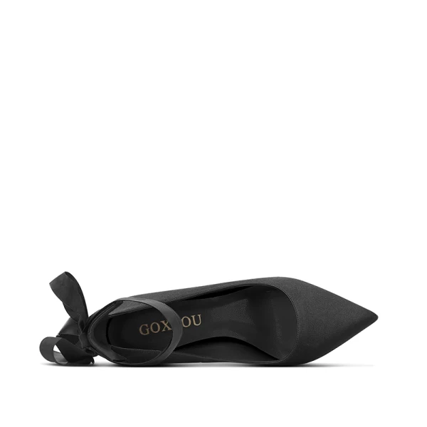 Élégant Noire Promo Satin Escarpins 2021 Bride Cheville Noeud 10 cm Talons Aiguilles Talons Hauts À Bout Pointu Escarpins