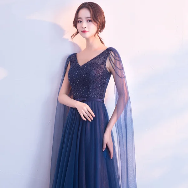 Chic / Belle Bleu Marine Robe De Soirée 2018 Princesse Perle Noeud V-Cou Dos Nu Sans Manches Watteau Train Longue Robe De Ceremonie