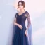 Chic / Belle Bleu Marine Robe De Soirée 2018 Princesse Perle Noeud V-Cou Dos Nu Sans Manches Watteau Train Longue Robe De Ceremonie