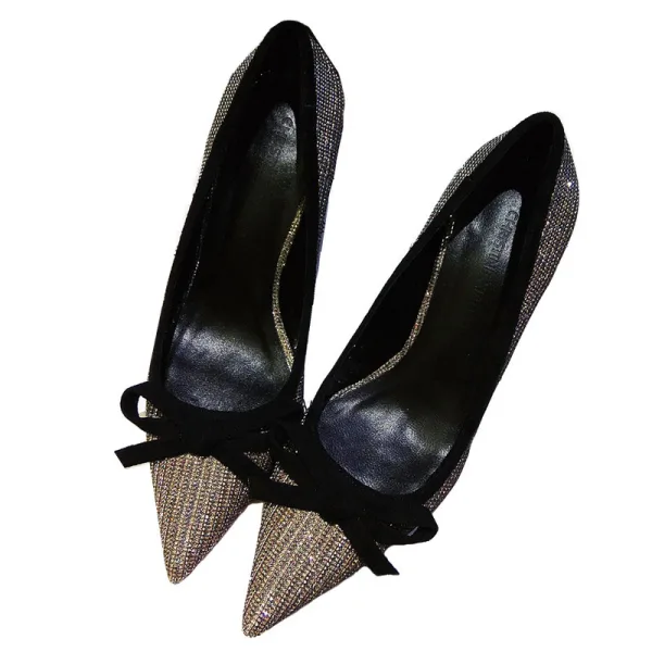 Scintillantes Noire Soirée Faux Diamant Escarpins 2021 Noeud 9 cm Talons Aiguilles À Bout Pointu Talons Hauts