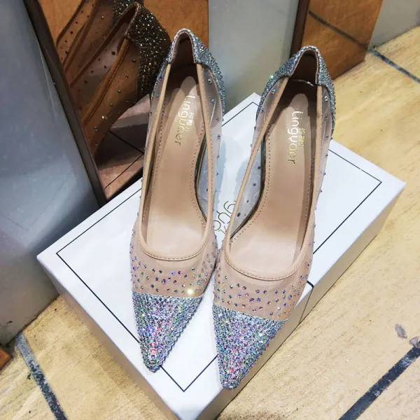 Glittrande Aprikos / Beige Afton Rhinestone Pumps 2021 Tyll 9 cm Stilettklackar Högklackade Spetsiga Pumps