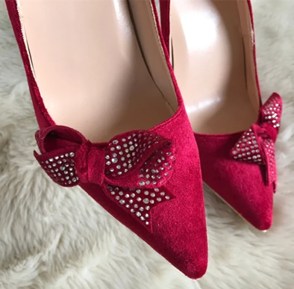 Chic / Beautiful Red Suede Cocktail Party Rhinestone Bow Pumps 2021 10 cm Stiletto Heels Pointed Toe High Heels