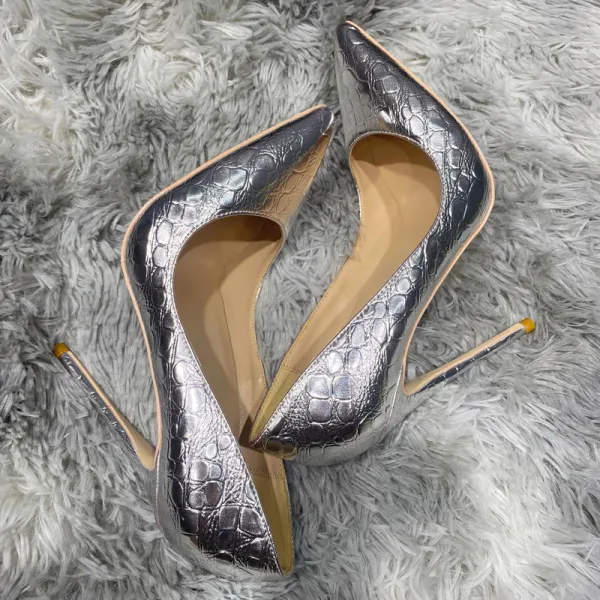 Fine Sølv Aften Pumps 2021 12 cm Stiletthæler Høyhælte Spisse Pumps