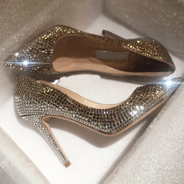 Glittrande Champagne Afton Rhinestone Pumps 2021 Läder 10 cm Stilettklackar Högklackade Spetsiga Pumps