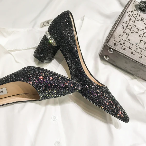 Glittrande Sexig Silver Afton Paljetter Pumps 2021 Läder 6 cm Rhinestone Tjocka Klackar Högklackade Spetsiga Pumps