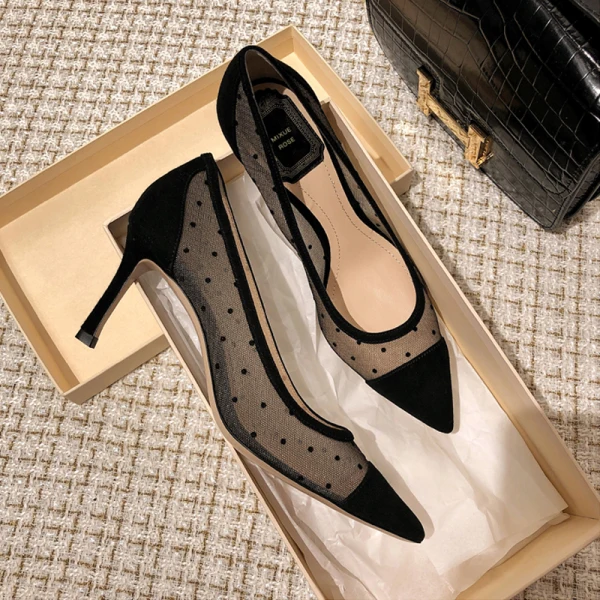 Chic / Beautiful Black Dating See-through Spotted Pumps 2021 8 cm Stiletto Heels High Heels Pointed Toe Pumps