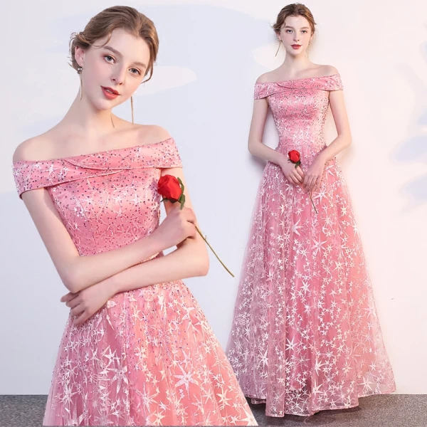 Mode Rosa Selskabskjoler 2018 Prinsesse Stjerne Broderet Rhinestone Off-The-Shoulder Ærmeløs Halterneck Lange Kjoler