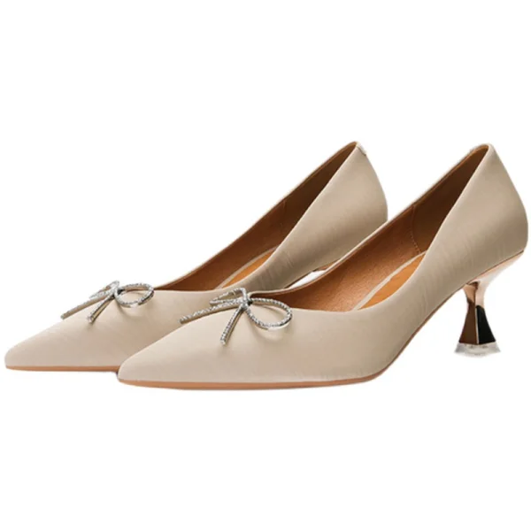 Elegant Black Dating Bow Rhinestone Pumps 2021 Leather High Heels 5 cm Stiletto Heels Pointed Toe Pumps