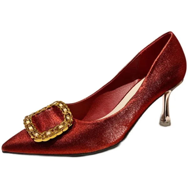 Classy Burgundy Bridesmaid Pumps 2021 Leather Metal Buckle 7 cm Stiletto Heels High Heels Pointed Toe Pumps